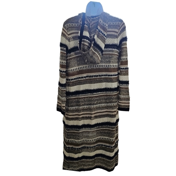 Forever 21 Long Hooded Duster Cardigan Open Front Knit Striped Cream Black Small - Picture 2 of 7